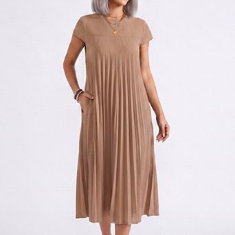 Women's Crew Neck Short Sleeve Accordion Pleated Midi Dress