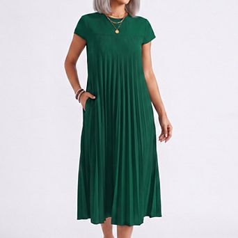 Women's Crew Neck Short Sleeve Accordion Pleated Midi Dress