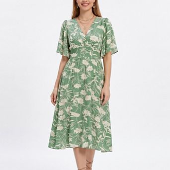 Women's Floral Print Flutter Sleeve Smocked Waist Midi Dress