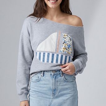 Women's Sailboat Applique Wide Neck Long Sleeve Relaxed Sweatshirt Top