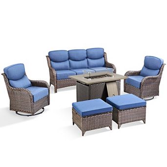 6 pc Patio Furniture Set with Fire Pit Table & 6-Inch Extra-Thick Cushion Swivel Chairs