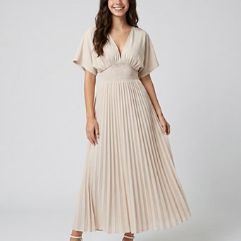 Women's Pleated Maxi Dress with V-Neckline Short Flutter Sleeves Smocked Waist and A-Line Skirt
