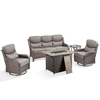 5 pc Patio Furniture Set with Fire Pit, Outdoor Wicker Sofa Couch with 6Inch Cushion