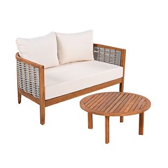 CEWOR Outdoor Loveseat Wooden Wicker Decorative Chair with Coffee Table & Soft Cushion, Waterproof