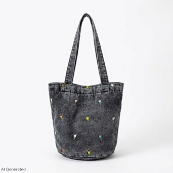 Embroidered Floral Bucket Tote Bag with Shoulder Handles