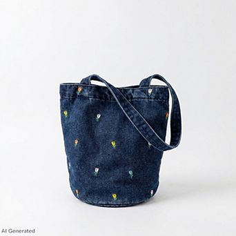 Embroidered Floral Bucket Tote Bag with Shoulder Handles