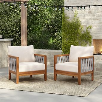 CEWOR 2 pc Outdoor Wooden Wicker Decorative Chair with Soft Cushion, Waterproof