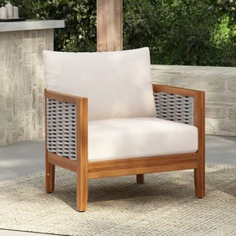 CEWOR Outdoor Wooden Wicker Decorative Chair with Soft Cushion, Waterproof