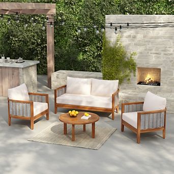 CEWOR Outdoor Wooden Wicker Decorative Chair 4 pc Set with Soft Cushion, Waterproof