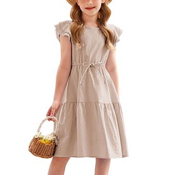 Arshiner Girls Cotton Linen Summer Dress Double Ruffle Sleeve Tie Sash Dress