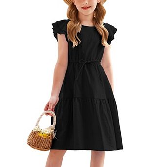 Arshiner Girls Cotton Linen Summer Dress Double Ruffle Sleeve Tie Sash Dress