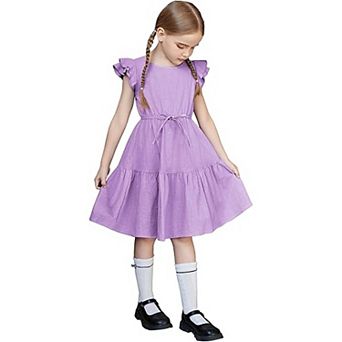 Arshiner Girls Cotton Linen Summer Dress Double Ruffle Sleeve Tie Sash Dress