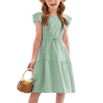 Arshiner Girls Cotton Linen Summer Dress Double Ruffle Sleeve Tie Sash Dress
