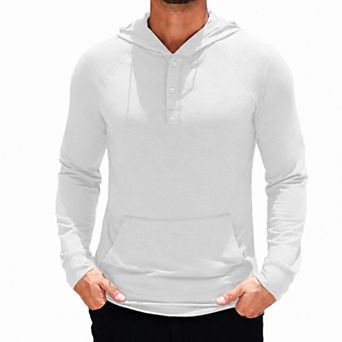 COOFANDY Men's Casual Raglan Sleeve Henley Hoodie, Button Placket Hooded Shirt with Kangaroo Pocket