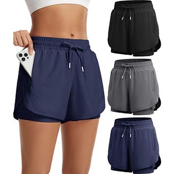 Women 2-in-1 High Waisted Athletic Running Shorts Quick Dry Zipper Pockets Workout Gym Wear