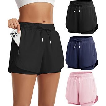 Women 3-Pack 2-in-1 High Waisted Athletic Running Shorts Quick Dry Zipper Pockets Workout Gym Wear
