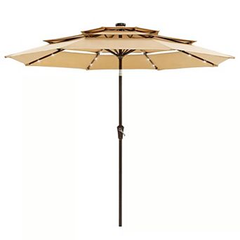 9FT 3 tier Patio Umbrella with Solar LED Lights, Crank and Tilt, 8 Ribs, Vented Top for Garden Deck