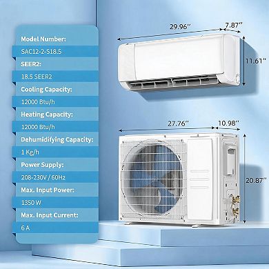 12000 BTU Mini Split AC Heat Pump 18.5 SEER2 WiFi Remote Wall Mount Cools 750 Sq Ft