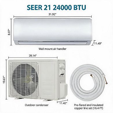 24000 BTU Ductless Mini Split AC Heat Pump 21 SEER2 WiFi Alexa Cools 1500 Sq Ft