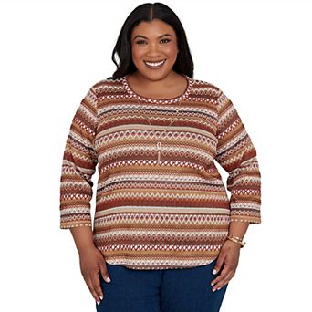 Plus Size Alfred Dunner Textured Stripe Knit Top with Necklace