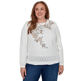 Plus Size Alfred Dunner Embroidered Floral Textured Chenille Sweater