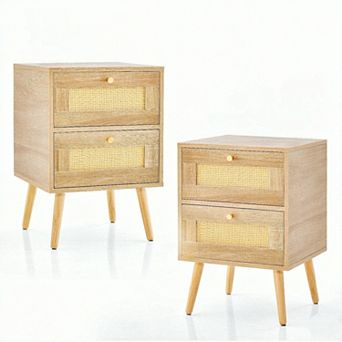 Costway Rattan Nightstand Boho Accent Bedside Table with 2 Storage Drawers