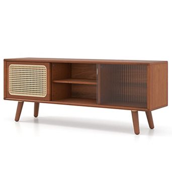 Costway Modern TV Stand Entertainment Center Media Console with Rattan Glass Sliding Doors