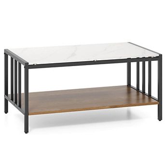Costway 2 tier Rectangular Coffee Table with Rock Slab Tabletop Open Shelf for Living Room