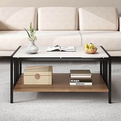 Costway 2-Tier Rectangular Coffee Table with Rock Slab Tabletop Open Shelf for Living Room
