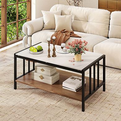 Costway 2-Tier Rectangular Coffee Table with Rock Slab Tabletop Open Shelf for Living Room