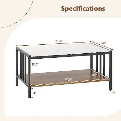 Costway 2-Tier Rectangular Coffee Table with Rock Slab Tabletop Open Shelf for Living Room