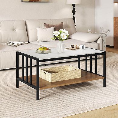 Costway 2-Tier Rectangular Coffee Table with Rock Slab Tabletop Open Shelf for Living Room