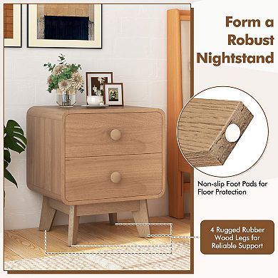 Costway Modern Style 2-Drawer Nightstand Bedside Table with Solid Rubber Wood Legs