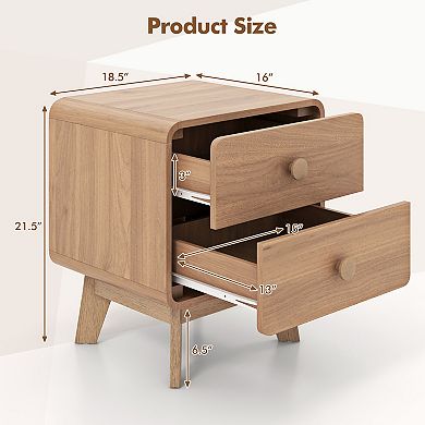 Costway Modern Style 2-Drawer Nightstand Bedside Table with Solid Rubber Wood Legs