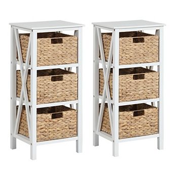 Costway 3 tier Nightstand with 3 Seagrass Baskets Rubber Wood X-Shaped Frames 3 Drawers