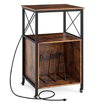 Costway Mobile Record Player Stand with Power Outlet Open Shelf & Dividers Metal Frame