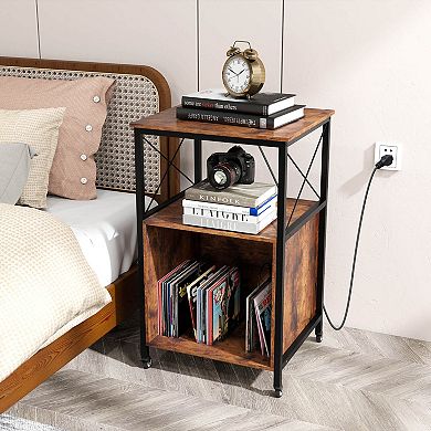 Costway Mobile Record Player Stand with Power Outlet Open Shelf & Dividers Metal Frame