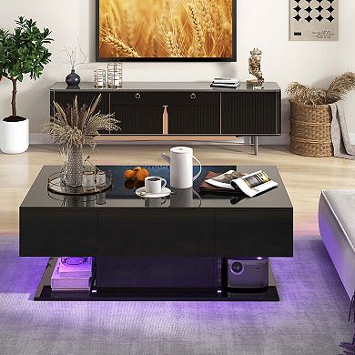 Costway LED Coffee Table with 2 Drawers 20-Color Dimmable LED Lights & Remote Control