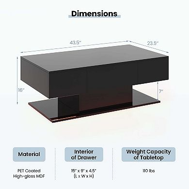 Costway LED Coffee Table with 2 Drawers 20-Color Dimmable LED Lights & Remote Control