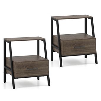 Costway Nightstand with Drawer Farmhouse 3 tier Bedside Table with Open Shelf End Table
