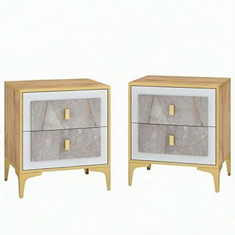 Costway Nightstand with Storage Faux Marble Surface Accent Table with 2 Pull-out Drawers