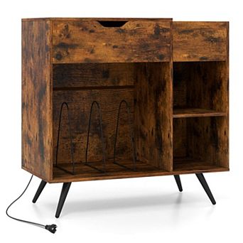 Costway Record Player Stand w/ Power Outlet Drawer Removable Divider Turntable Display Stand