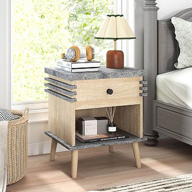 Costway 3-Tier Bedside Table with Antique Grey Faux Marble Top & Open Shelf
