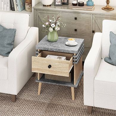 Costway 3-Tier Bedside Table with Antique Grey Faux Marble Top & Open Shelf