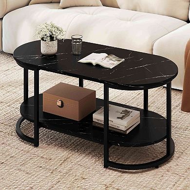 Costway Marble Coffee Table Modern 2-Tier Center Table with Open Storage Shelf