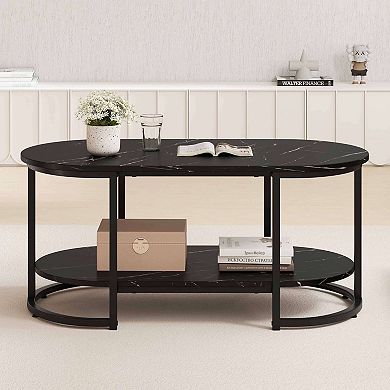 Costway Marble Coffee Table Modern 2-Tier Center Table with Open Storage Shelf