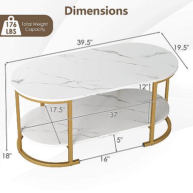 Costway Marble Coffee Table Modern 2-Tier Center Table with Open Storage Shelf