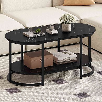 Costway Marble Coffee Table Modern 2-Tier Center Table with Open Storage Shelf