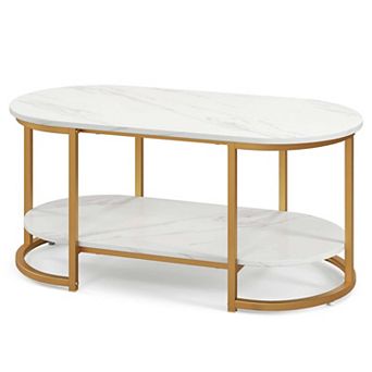 Costway Marble Coffee Table Modern 2 tier Center Table with Open Storage Shelf