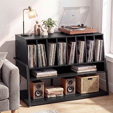 Costway Record Player Stand with Charging Station, Turntable Stand with Vinyl Storage Shelves
